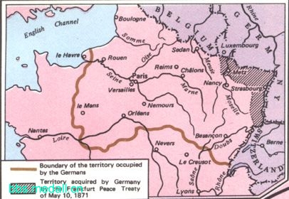 法国割让阿尔萨斯省的大部分与洛林省属下的摩泽尔省予德国,并赔款.