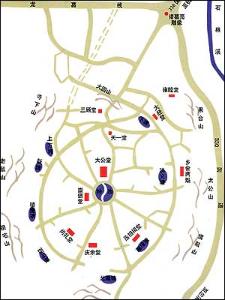 诸葛村八卦村位置与地形图,外有八座山,形成外八卦,内以钟池为中心