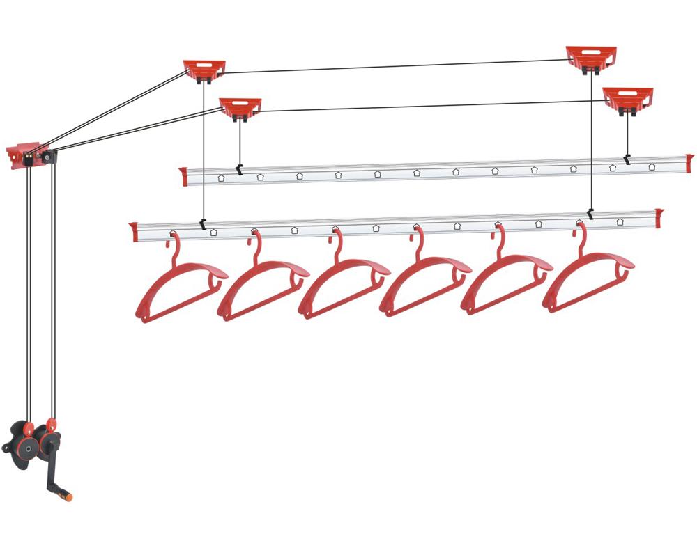 其基本组成为:升降器(负责升降,自锁),钢丝,转向器,顶座,晾杆,衣架