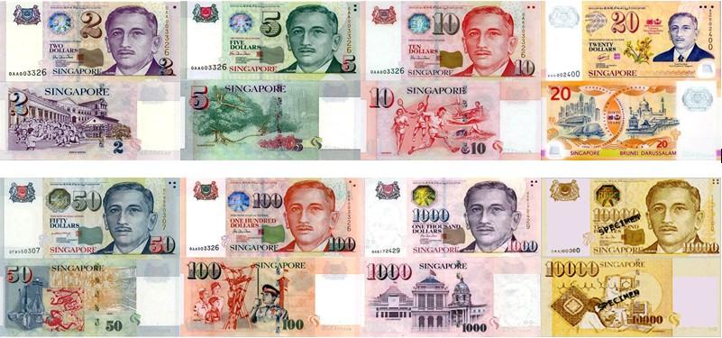 目前在新加坡流通的钞票有:10000元,1000元,100元,50元,10元,5元,2元