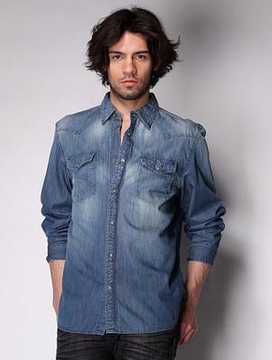 男式磨白贴袋牛仔衬衫-m41h61d1g50