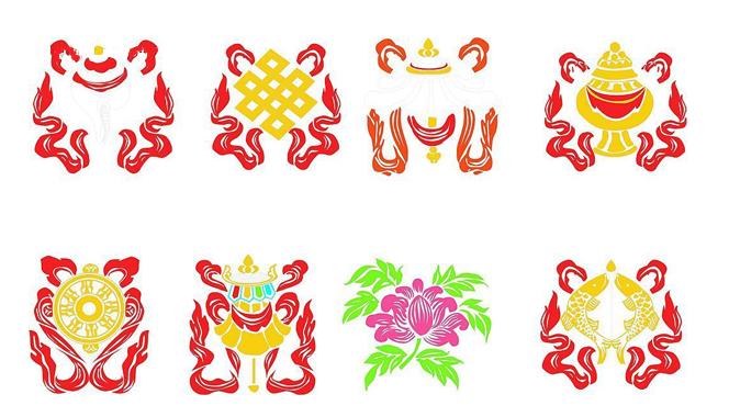 佛家八宝即八吉祥图案为:法螺,法轮,宝伞,白盖,莲花,宝瓶,金鱼,盘长