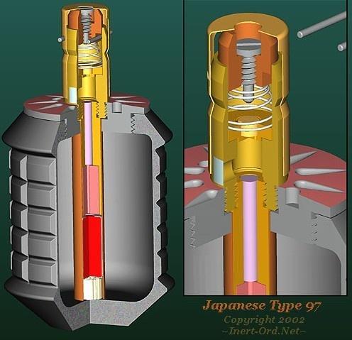 九七式与当时大多数的杀伤手榴弹使用相同的原理:一个有凹沟的,在爆炸