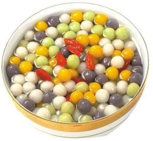 本产品是由白圆子,黑圆子,黄圆子,绿圆子组成四禧圆子编辑1产品介绍2