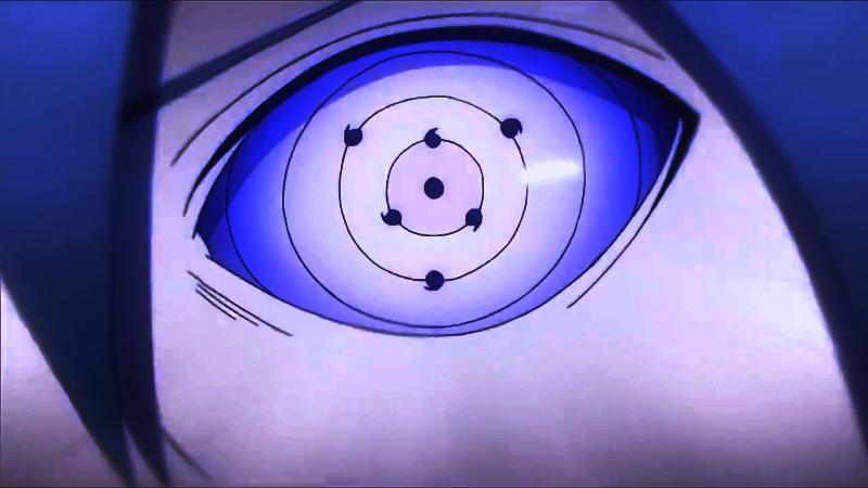左眼外形上呈现出紫色六勾玉状轮回眼形态
