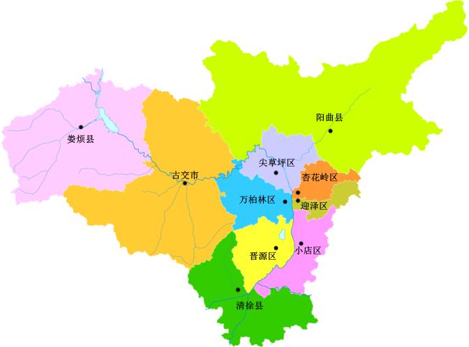 市区分为杏花岭区,迎泽区,小店区,尖草坪区,万柏林区和晋源区,形成了6