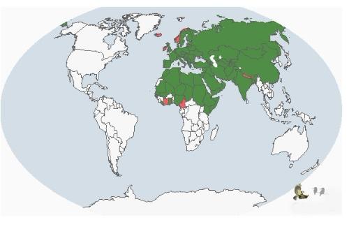 平原鹨(分布图)分布于欧亚大陆及非洲北部