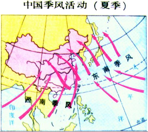 东南亚及中国西南一带,盛行西南季风;位于低压东部的中国东部地区