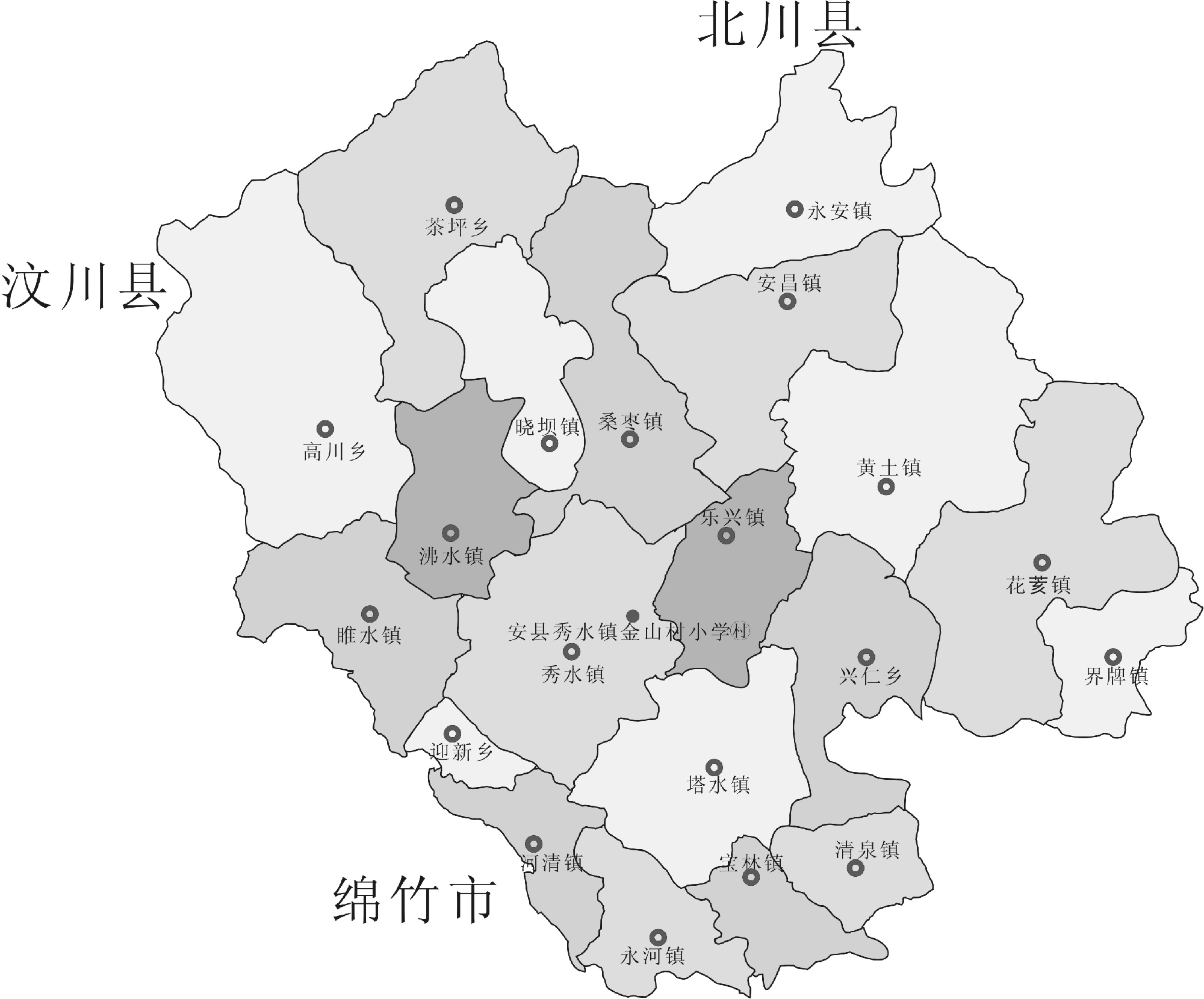 秀水镇距安县县城25公里(距北川县城19公里),有35个村,3个社区,人口近