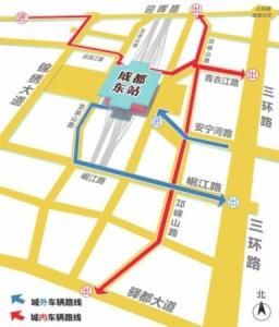 车辆进出成都东站路线示意图