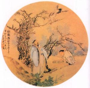 清·任薰《饲鹤图》