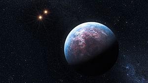 画家笔下的格利泽667Cb，背景可见格利泽667A/B联星系。