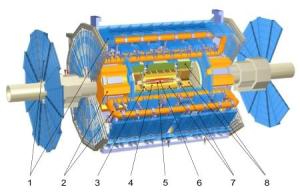 电脑绘制的ATLAS探测器剖视图展示出内部各种设备。<br/>（1）μ子探测器<br/>磁铁系统：<br/>     （2）环状磁铁<br/>     （3）螺线管磁铁<br/>内部探测器：<br/>     （4）跃迁辐射跟踪器<br/>     （5）半导体跟踪器<br/>     （6）像素探测器<br/>量能器：<br/>     （7）液态氩量能器<br/>     （8）砖片量能器