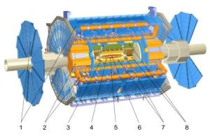 电脑绘制的ATLAS探测器剖视图展示出内部各种设备。<br/>（1）μ子探测器<br/>磁铁系统：<br/>     （2）环状磁铁<br/>     （3）螺线管磁铁<br/>内部探测器：<br/>     （4）跃迁辐射跟踪器<br/>     （5）半导体跟踪器<br/>     （6）像素探测器<br/>量能器：<br/>     （7）液态氩量能器<br/>     （8）砖片量能器