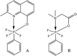 六配位磷化合物中相关的键长。在A中，N-P键的键长为1.980Å而C-P键为1.833Å；在B中，N-P键的键长增加到2.013Å，而C-P键缩短到1.814Å。