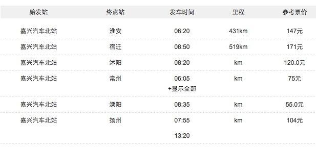 嘉兴汽车北站时刻表
