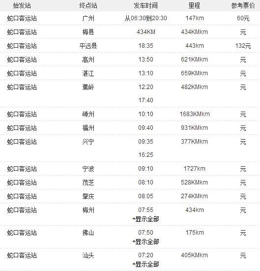 蛇口汽车站时刻表