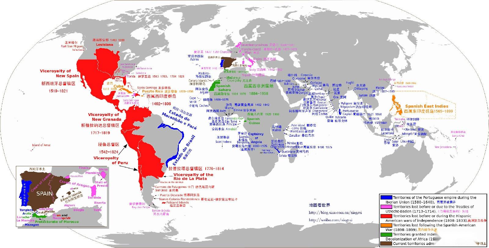 西班牙帝国一般指西班牙在美洲,太平洋及其他地方的殖民地不
