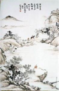 浅绛彩携琴访友图瓷板画