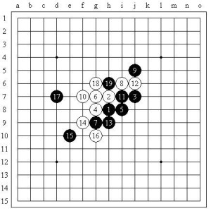 五子棋禁手画面(4)追下取胜,指白棋利用抓黑棋禁手取胜.