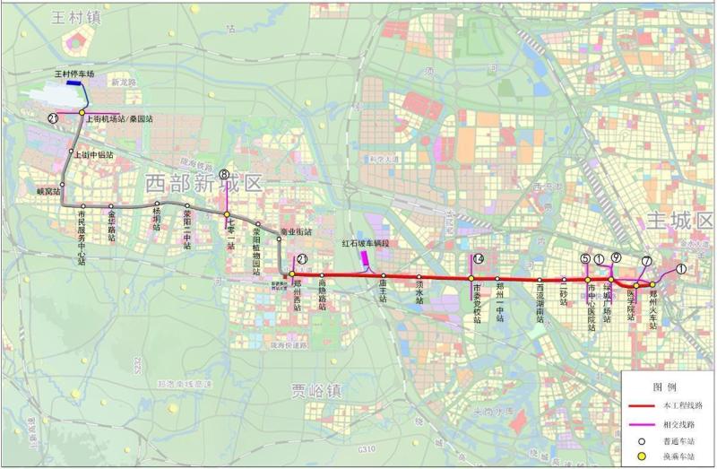 郑州地铁10号线一、二期工程线路走向示意图