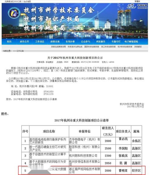 《互联网安全认证云平台体系建设》入选杭州市重大科技创新项目