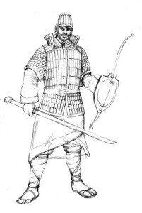 持钩镶和环首刀的汉武士