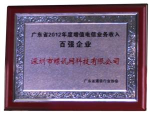 广东省增值电信业务收入百强企业奖牌