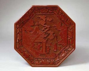 剔红观瀑图八方盘
