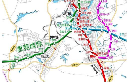 北至市政府南至数码工业园为惠州轻轨在惠城区境内的线路集中地区,有4