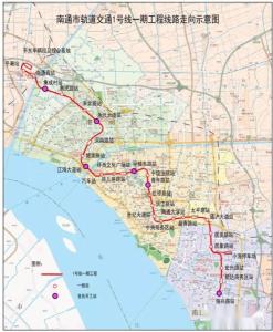 南通市轨道交通1号线一期工程线路走向示意图