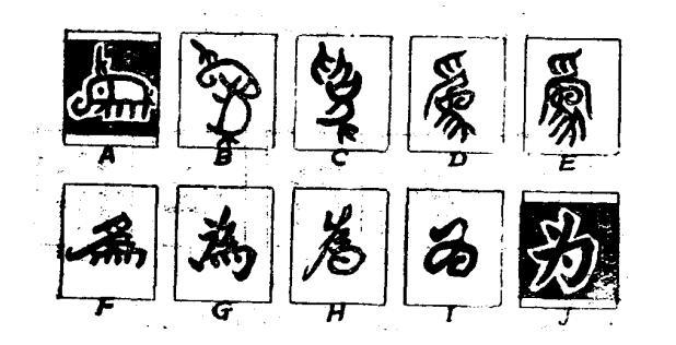 图a是早期的图形文字"为",像一只形状毕肖,躯体备全的"象"正驯顺地站