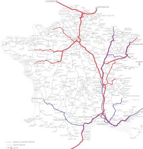 马赛圣夏勒站通达度（红为TGV，蓝为慢车）