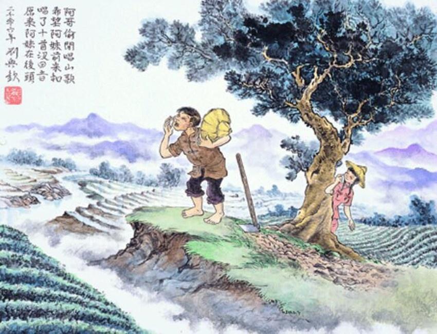 对山歌绘画图片