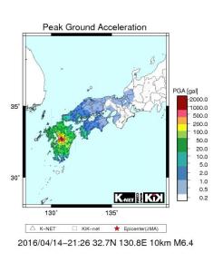 前震发生时地表最大加速度分布情况（NIED）