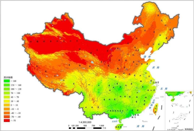 2005年中国湿润系数分布图