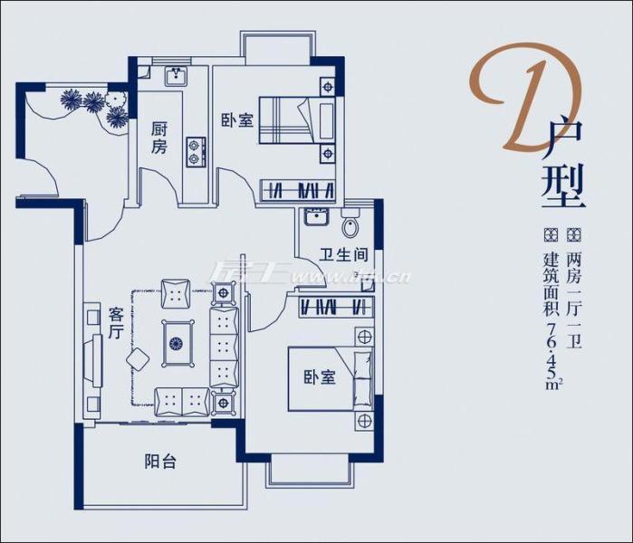 蓝山湖D户型2室1厅1卫1厨76.45㎡