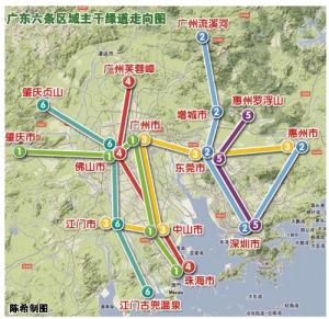 广东六条区域主干绿道走向图