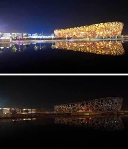 熄灯前后的国家体育场“鸟巢”