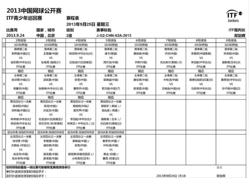 2013年中网公开赛ITF青少年巡回赛赛程表