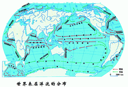 世界表层洋流的分布图