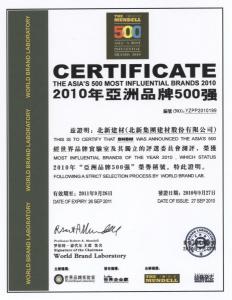 “亚洲品牌500强”证书