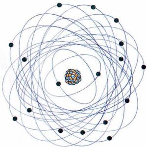核(质子和中子)和电子构成,电子绕核做不规则运动,形成的电子云模型